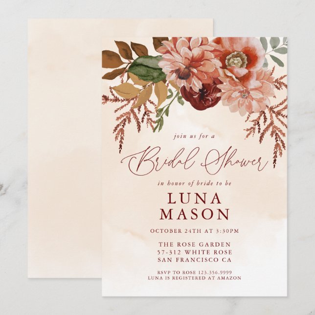Fall Burgundy and Terracotta Floral Bridal  Invitation (Front/Back)