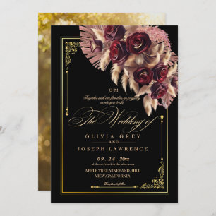 Fall Burgundy Black Floral Boho Rustic Wedding Invitation