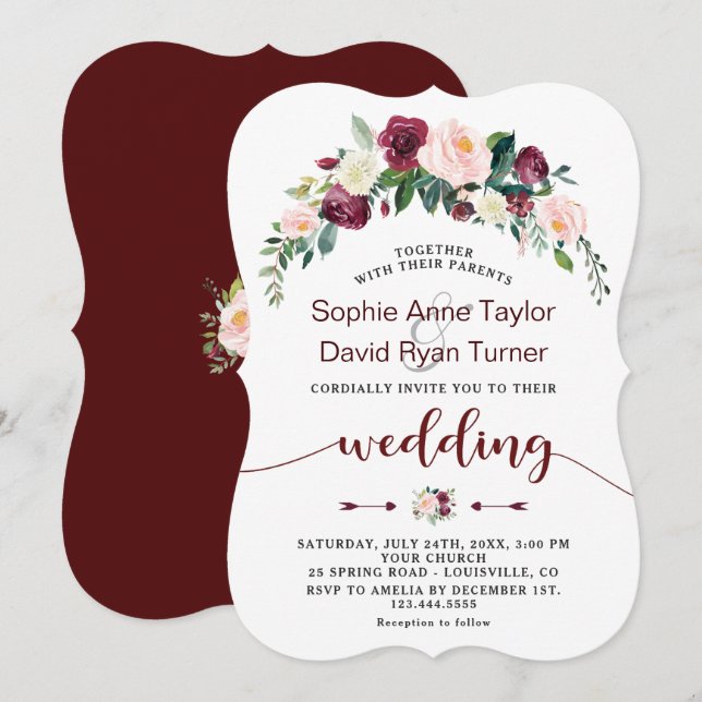 Fall Burgundy Blush Floral Handwriting Wedding Invitation (Front/Back)