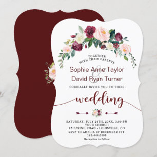 Fall Burgundy Blush Floral Handwriting Wedding Invitation