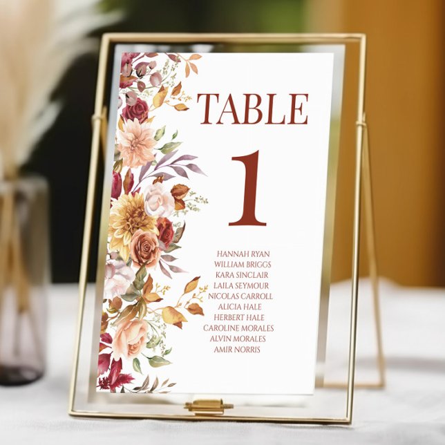 Fall Burgundy Brown Beige Floral Flower Wedding Table Number (Creator Uploaded)