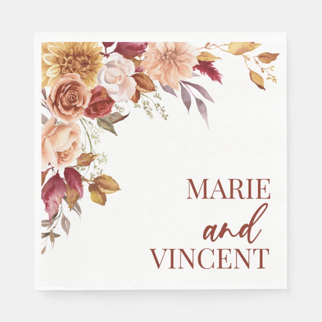 Fall Burgundy Brown Floral Flower Wedding Napkin (Front)