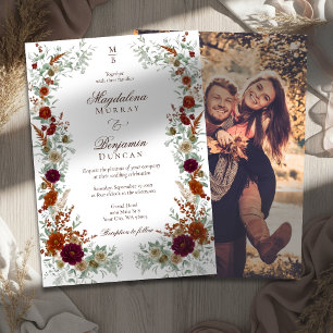 Fall Burgundy Burnt Orange Florals Photo Wedding  Invitation