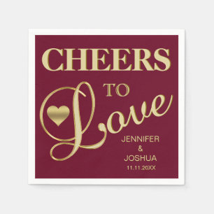 Fall Burgundy CHEERS TO LOVE Gold Heart Wedding Napkin
