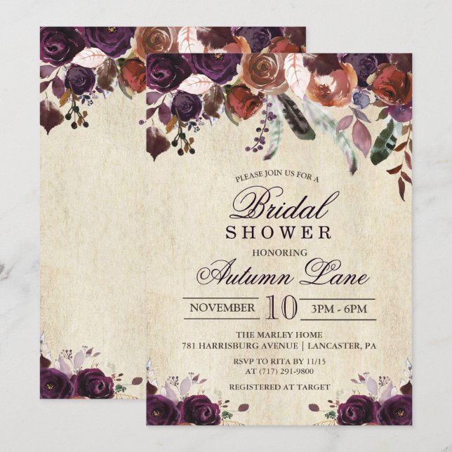 Fall Burgundy Dark Floral Bridal Shower Invitation (Front/Back)