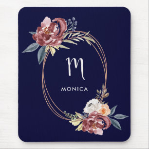 Fall Burgundy Floral and Rose Gold Navy Monogram Mouse Mat