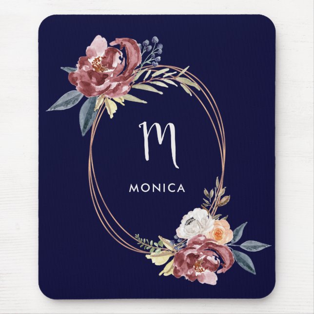 Fall Burgundy Floral and Rose Gold | Navy Monogram Mouse Mat (Front)