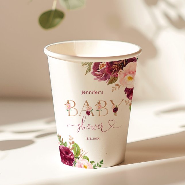 Fall burgundy floral baby shower paper cups (Creator Uploaded)