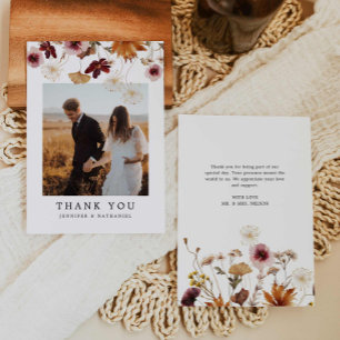 Fall Burgundy Floral Boho Wedding Photo Thank You Card