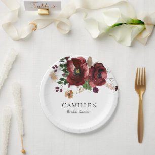 Fall Burgundy Floral Bridal Shower Party Paper Plate
