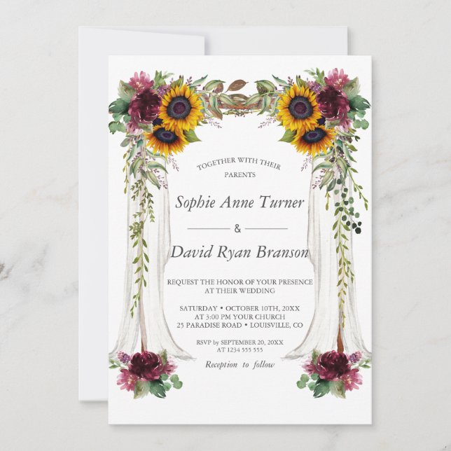 Fall Burgundy Floral Canopy Sunflowers Wedding Invitation (Front)