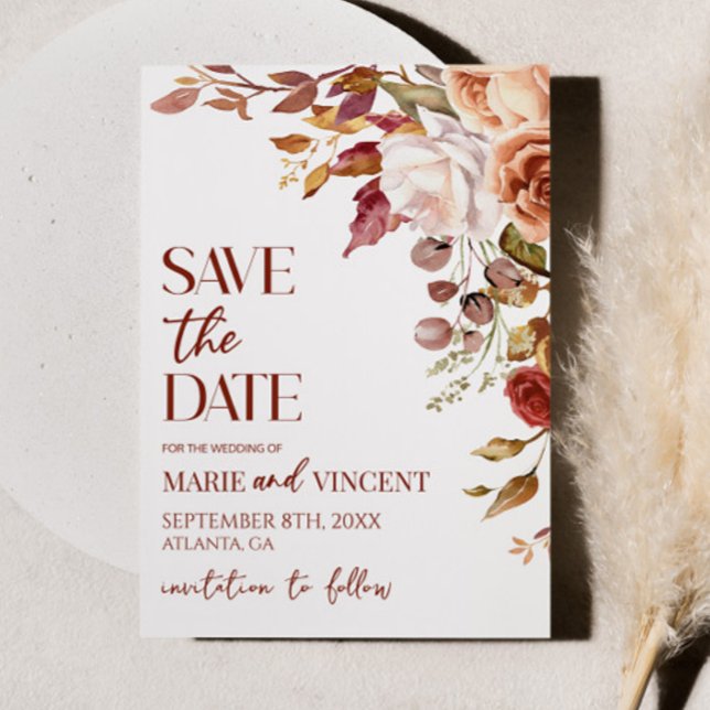 Fall Burgundy Floral Flower Wedding Save The Date Invitation (Creator Uploaded)