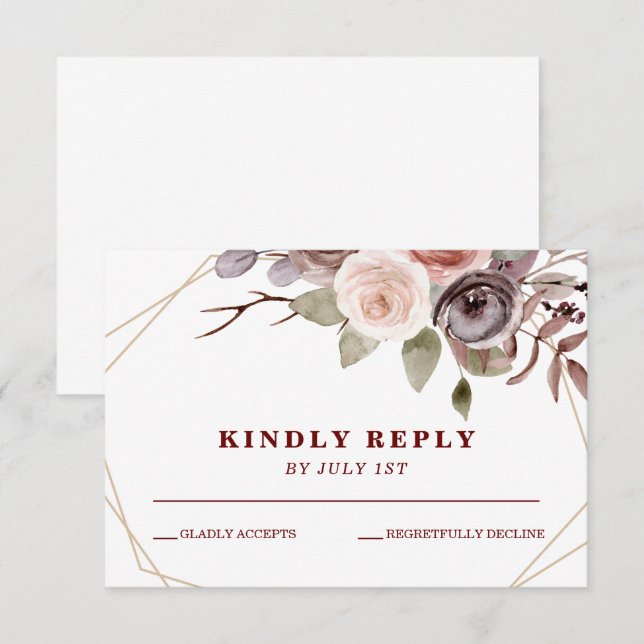 Fall Burgundy floral geometric frame wedding RSVP (Front/Back)