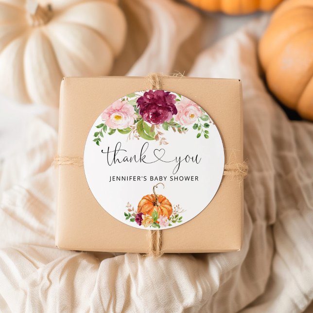 Fall burgundy floral pumpkin classic round sticker (Creator Uploaded)