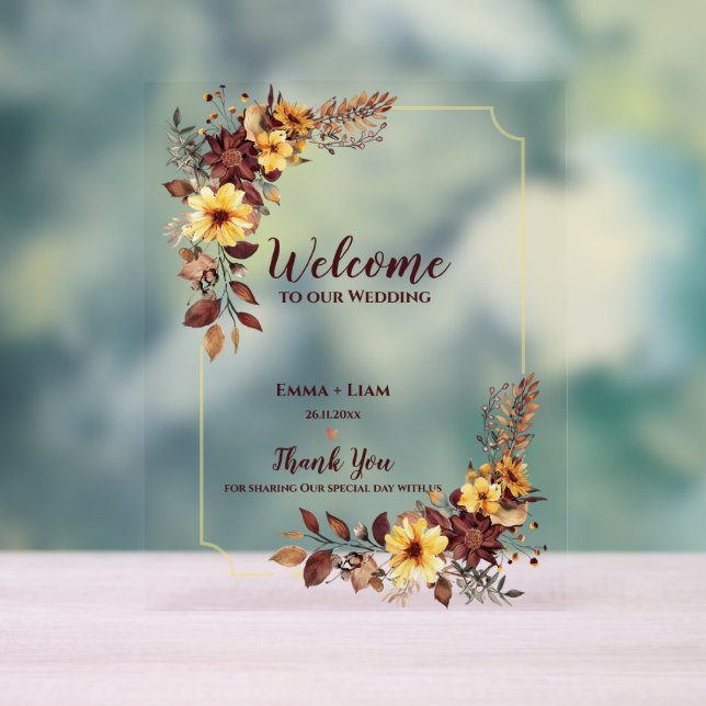 Fall Burgundy Floral Rustic Welcome To Our Wedding Acrylic Sign (Neutral)