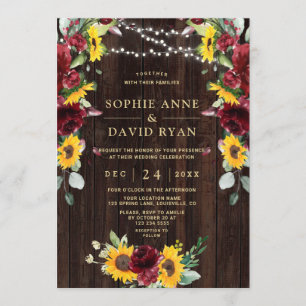 Fall Burgundy Floral Sunflowers Wood Barn Wedding Invitation