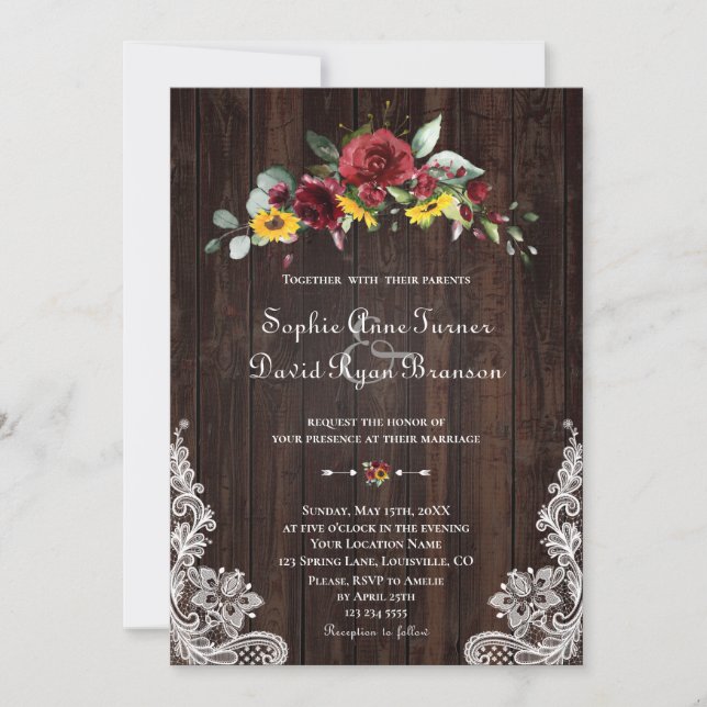 Fall Burgundy Floral Sunflowers Wood Lace Wedding Invitation (Front)