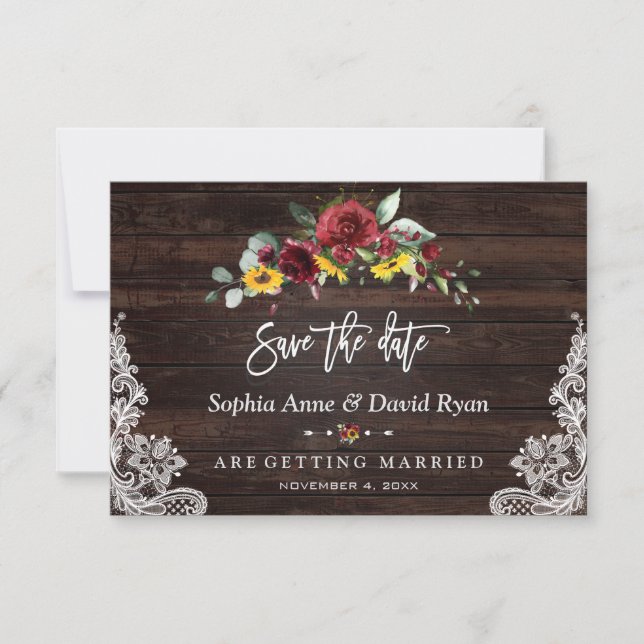 Fall Burgundy Floral Sunflowers Wood Lace Wedding Save The Date (Front)