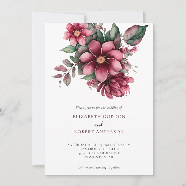 Fall Burgundy Floral Wedding Boho Watercolor  Invitation (Front)
