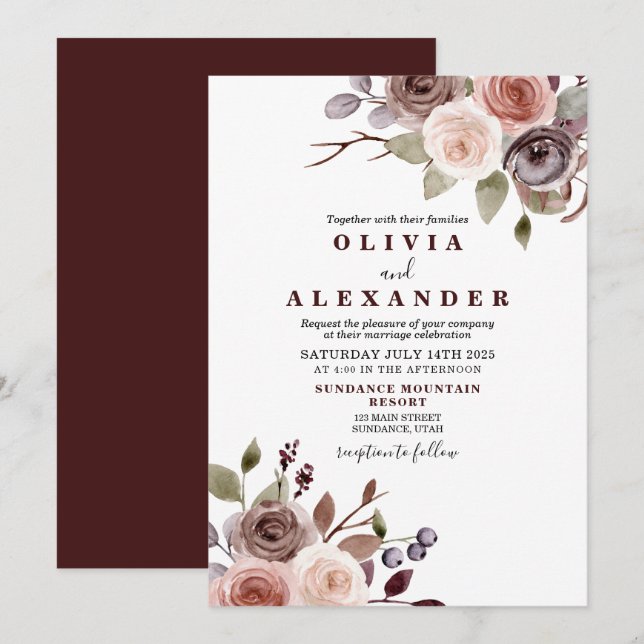 Fall Burgundy floral wedding Invitation (Front/Back)