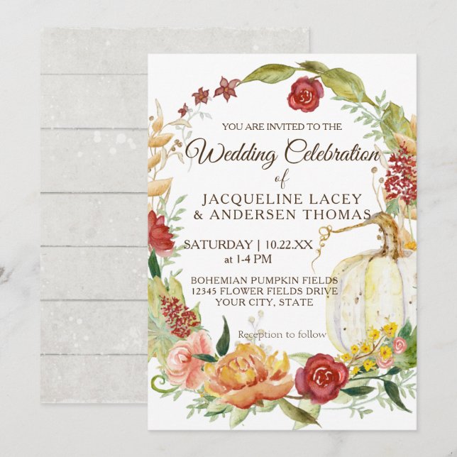 Fall Burgundy Floral White Pumpkin Wreath Wedding Invitation (Front/Back)