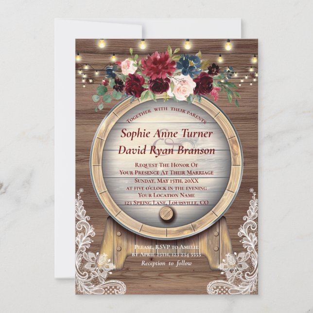 Fall Burgundy Floral Wine Barrel Lace Wood Wedding Invitation (Front)