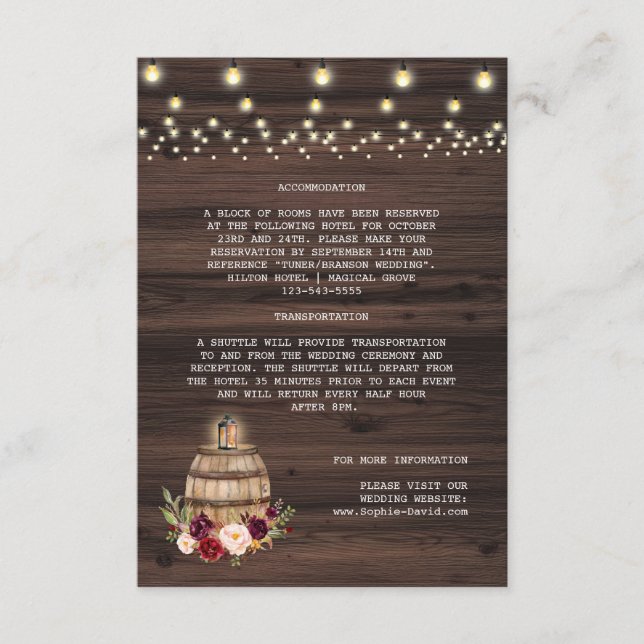 Fall Burgundy Floral Wine Barrel Wedding Details Enclosure Card (Front)