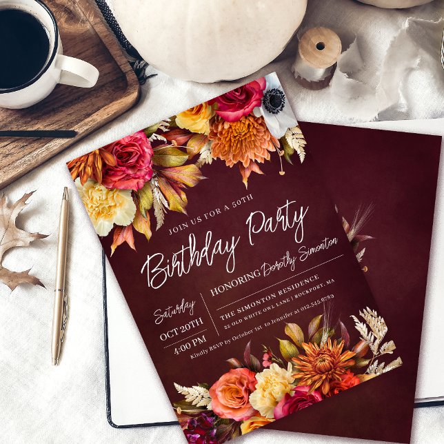 Fall Burgundy Flowers Chic Script 50th Birthday Invitation (Creator Uploaded)
