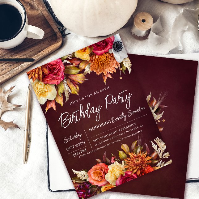 Fall Burgundy Flowers Chic Script 80th Birthday Invitation (Vibrant 80th Birthday Invitation . Perfect for a fall celebration!)