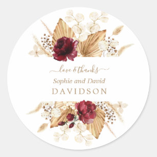 Fall Burgundy Flowers Pampas Grass Palm Wedding  Classic Round Sticker