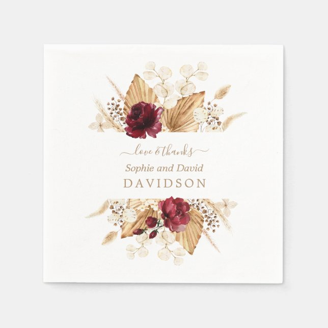 Fall Burgundy Flowers Pampas Grass Palm Wedding  Napkin (Front)