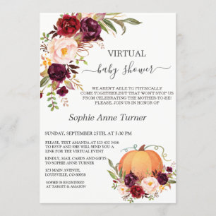 Fall Burgundy Flowers Pumpkin Virtual Baby Shower Invitation