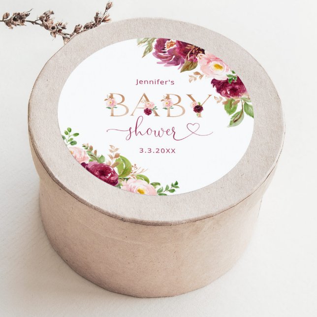 Fall burgundy gold floral baby shower classic round sticker (Creator Uploaded)