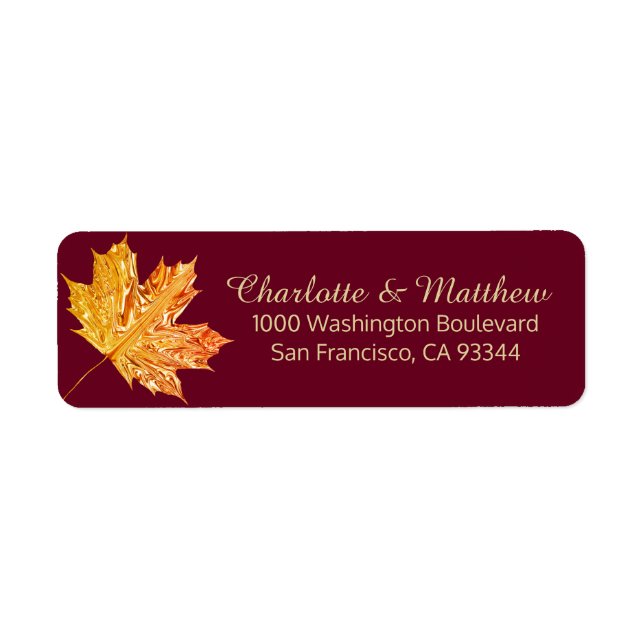 Fall Burgundy Gold Leaves Wedding Return Address (Front)
