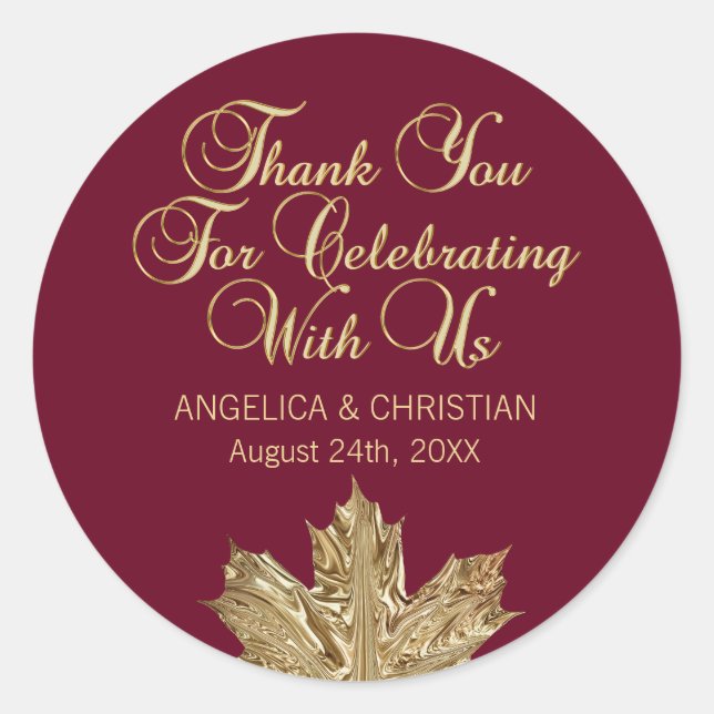 Fall Burgundy Gold Maple Leaf Thank You Wedding Classic Round Sticker (Front)