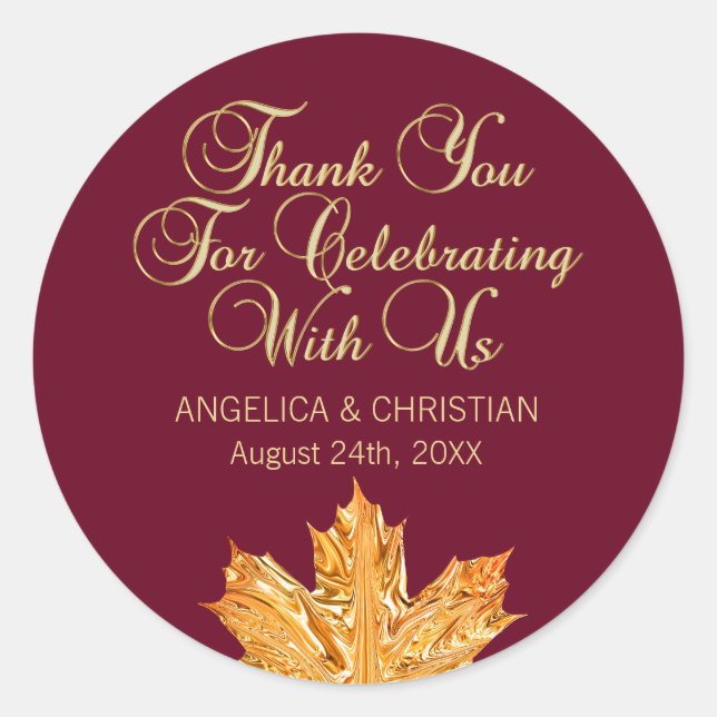 Fall Burgundy Gold Maple Leaf Thank You Wedding Classic Round Sticker (Front)