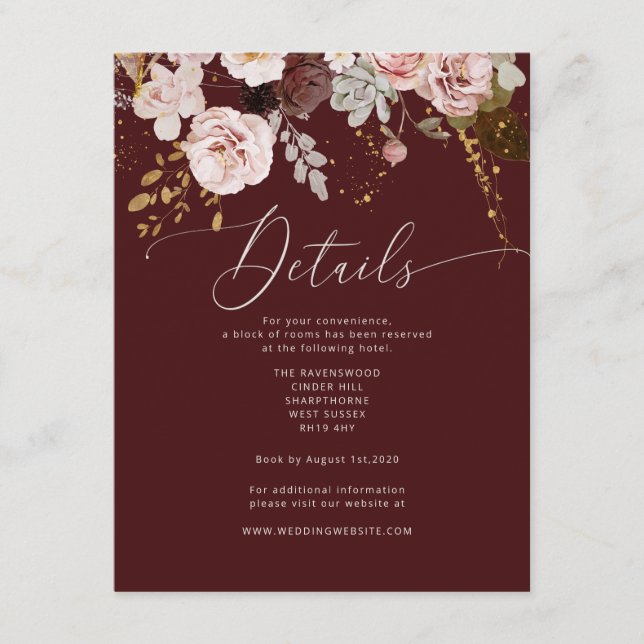 Fall burgundy gold wedding details enclosure card (Front)