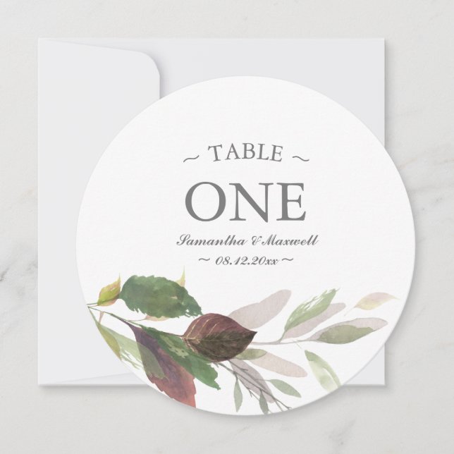Fall Burgundy Leaf Wedding Watercolor Table Number (Front)