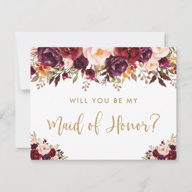 Fall Burgundy Marsala Floral Be My Maid of Honour Invitation (Front)