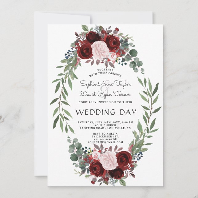 Fall Burgundy Marsala Floral Wreath Wedding Invitation (Front)