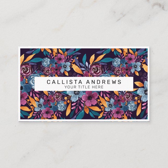 Fall Burgundy Navy Mustard Watercolor Flowers Art Business Card (Front)