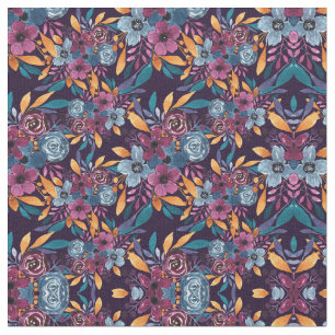 Fall Burgundy Navy Mustard Watercolor Flowers Art Fabric