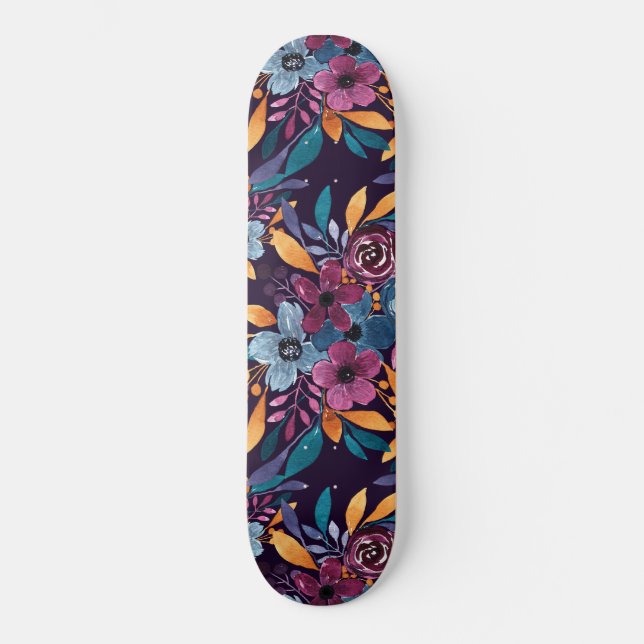Fall Burgundy Navy Mustard Watercolor Flowers Art Skateboard (Front)