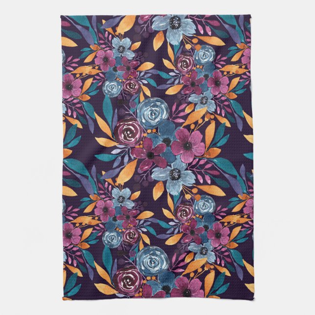 Fall Burgundy Navy Mustard Watercolor Flowers Art Tea Towel (Vertical)