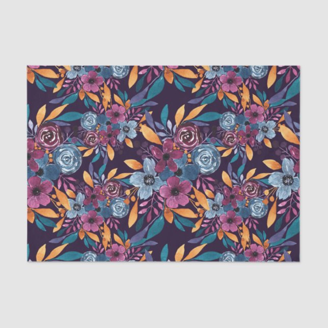 Fall Burgundy Navy Mustard Watercolor Flowers Art Tissue Paper (Front)