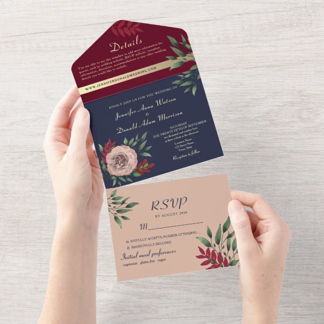 Fall Burgundy Navy Seal and Send Wedding All In One Invitation (Tearaway)