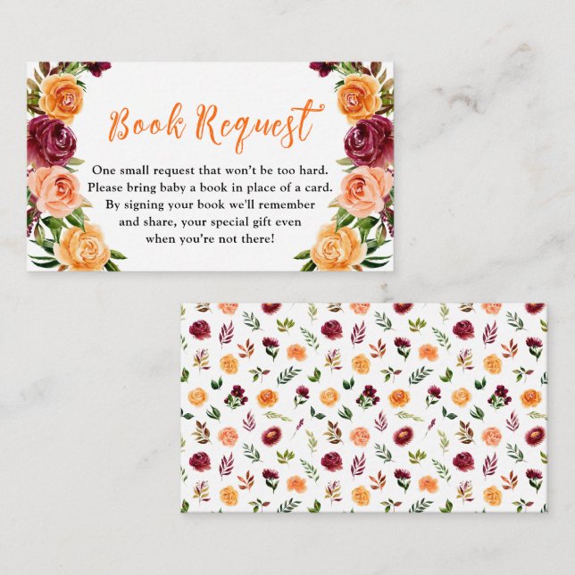 Fall Burgundy Orange Floral Baby Book Request Enclosure Card (Front/Back)