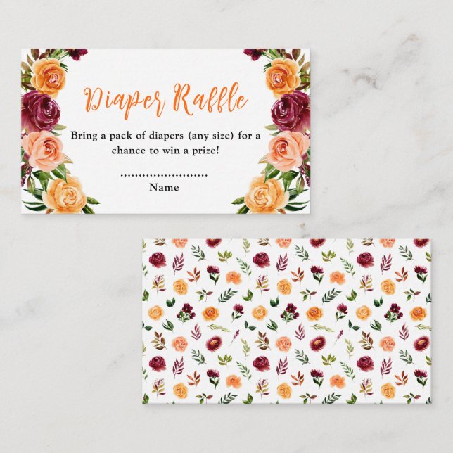 Fall Burgundy Orange Floral Baby Diaper Raffle Enclosure Card (Front/Back)