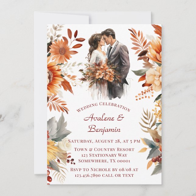 Fall Burgundy Orange Floral Bride & Groom Wedding Invitation (Front)