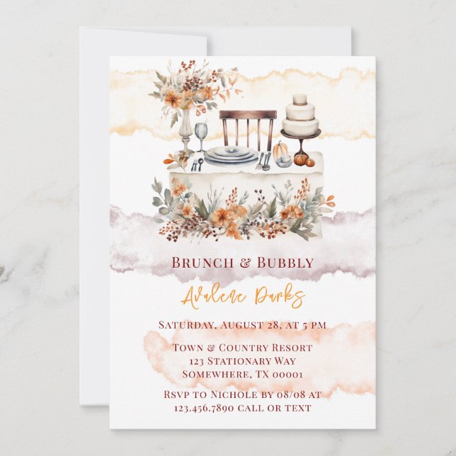 Fall Burgundy Orange Floral Table Brunch & Bubbly Invitation (Front)